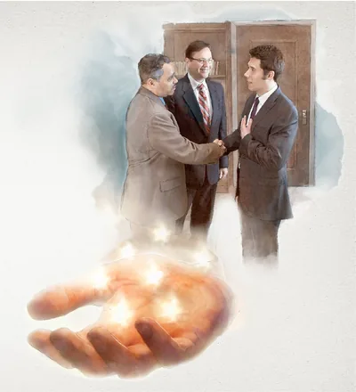 Two elders talk with a brother; Jesus holds the seven stars in his hand