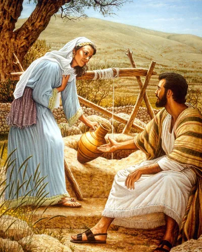 Jesus talks with a Samaritan woman at a well