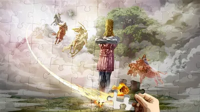 Someone putting in the last piece of a jigsaw puzzle. The puzzle piece depicts a stone after it has struck a giant metal statue. The jigsaw puzzle illustrates various prophecies from the Bible books of Daniel and Revelation. 1. A stone hurtles down from a mountain and strikes the feet of a giant metal statue. 2. A large tree. 3. Four galloping horses and their riders. 4. A prostitute sits on top of a scarlet-colored wild beast.