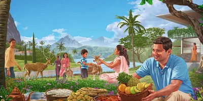 People enjoying peace with animals, an abundance of food, and beautiful paradise surroundings.