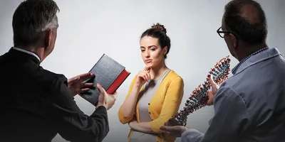 A woman inquisitively looking at a clergyman holding a Bible and at a scientist holding a model of DNA.