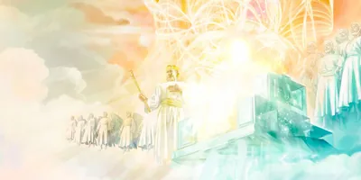 Jesus stands to the right of Jehovah’s majestic throne, surrounded by angels