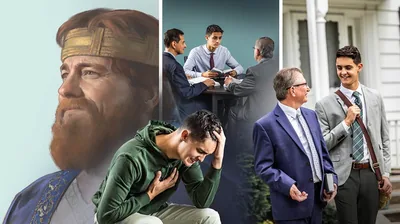 Collage: 1. King David smiling and at peace. 2. A young brother crying and deeply pained. 3. The same young brother receiving counsel from two elders. 4. The young brother working happily in the field ministry with one of the elders.