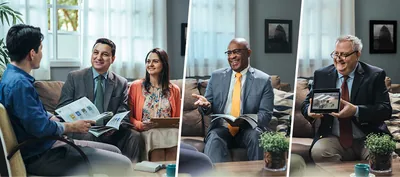 Collage: The brother brings different publishers on the study. 1. His wife. 2. Another brother who shares a comment with the Bible student. 3. An older brother who shows a video to the student.