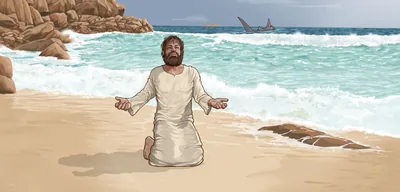 Jonah prays on the seashore