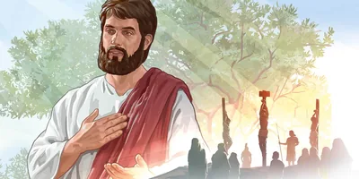 Jesus; Jesus hangs on the torture stake between the two evildoers