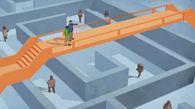 A man being led by another man across a bridge that spans a labyrinth. Other people below the bridge wander inside the labyrinth.