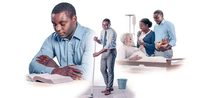 Collage: 1. A brother prays before he reads the Bible. 2. He cleans the Kingdom Hall. 3. He and his wife visit an elderly sister at a hospital.