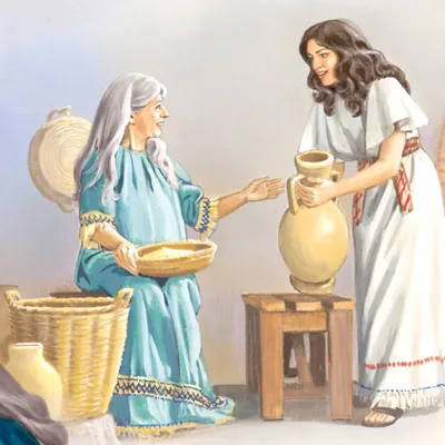 Mary assists Elizabeth with household chores