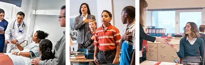 A Witness woman in a hospital bed talks with her doctor; a Witness boy in a classroom does not salute the flag; a Witness receives an invitation to an office party