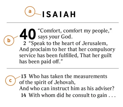 A Bible passage is highlighted to show how to identify a) the Bible book, b) the chapter, and c) the verse