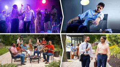 Collage: Comparing the bad choices of a non-Witness man to the good choices of some Witnesses. 1. A man dances at a nightclub with a drink in his hand. 2. Later, he feels sick and takes medicine. 3. Brothers and sisters at an outdoor gathering in the early evening. They enjoy singing, dancing, and eating together. 4. The next day, they participate in the field ministry.