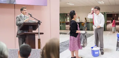 An audience listens as an elder gives a talk, and the elder helps clean their place of worship