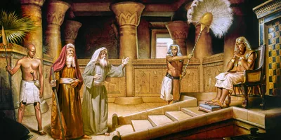 Moses and Aaron appearing before Pharaoh, who is seated on his throne.