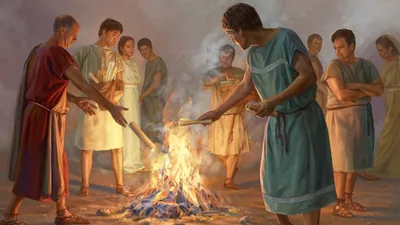 Early Christians bring their books about magical arts together and burn them