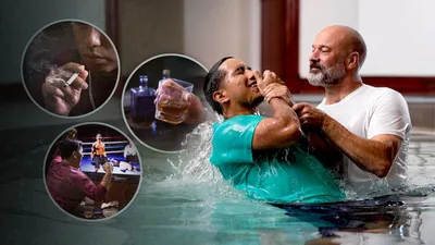 Collage: A man getting baptized after overcoming multiple challenges. 1. He excitedly watches a boxing match on TV. 2. He smokes a cigarette. 3. He abuses alcohol. 4. Later, he gets baptized in a pool.