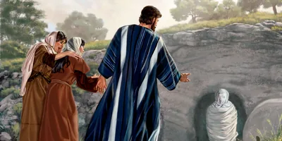 Mary and Martha watch as Jesus resurrects their brother Lazarus