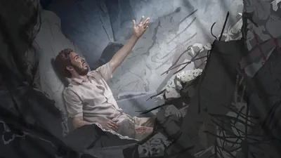 A wounded man trapped in the rubble of a collapsed building, reaching out with his arm.
