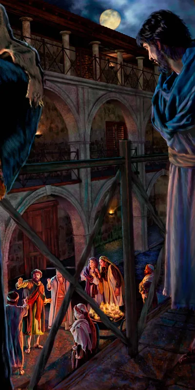 Jesus looking down from the balcony at Peter