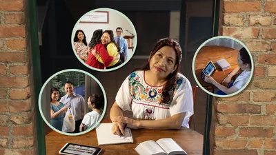 A sister writing down and reflecting on the different blessings she has received. Insets show a couple bringing her groceries, another sister embracing her at the Kingdom Hall, and her watching a JW Broadcasting program.