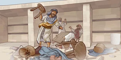 Nehemiah throwing Tobiah’s belongings out of a temple dining hall.