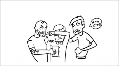 A scene from the video “Be Social-Network Smart.” Two rough-looking men show a boy a social media post as the boy covers his eyes.