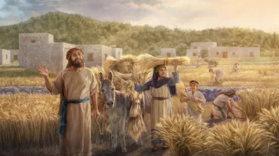 Israelites joyfully gathering a bountiful wheat harvest.