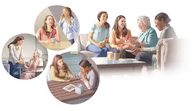 Collage: A young woman visiting with three of her close friends. 1. She talks with one of them on the telephone. 2. She talks with the older one at the Kingdom Hall. 3. She visits one of them who is grieving.