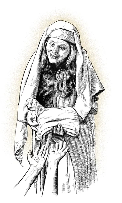 Tabitha giving a gift to someone begging for help.