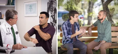 Collage: 1. A man explains a problem with his shoulder to a doctor. 2. A brother explains his situation to an elder as they sit on an outdoor bench.