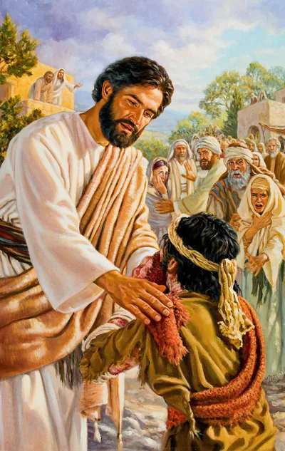 Jesus showing compassion for a leper by reaching out to touch him. Onlookers are disgusted by the leper’s appearance.