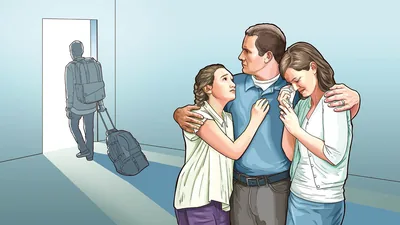 A son with a suitcase leaving home. The father embraces his crying wife and daughter.