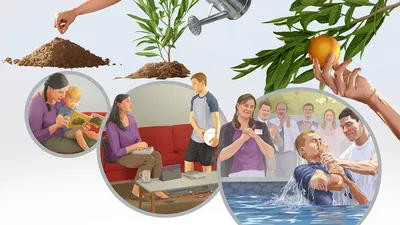 Collage: The growth of a tree compared to the spiritual growth of a child. 1. Someone plants a seed. An inset shows a mother reading to her young son from the book “Lessons You Can Learn From the Bible.” 2. Someone waters a sapling. An inset shows the son, now a preteen, holding a ball as the mother prepares to study with him. 3. Someone picks a piece of fruit from the tree. An inset shows the son, now a teenager, getting baptized as the mother joyfully looks on.