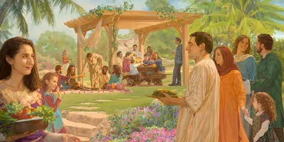 People of different backgrounds enjoying one another’s company in an earthly paradise.