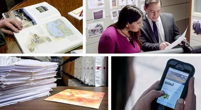 Collage: Scenes from the video “Promoting Love and Respect for Truth.” 1. A brother consults a reference book. 2. A brother and a sister reviewing source material for a research package. 3. A stack of source material next to the brochure “The Origin of Life​—Five Questions Worth Asking.” 4. A woman looks at the jw.org website on her smartphone.