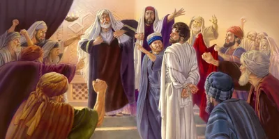 Caiaphas rips his garments; others slap Jesus, mock him, and hit him with their fists