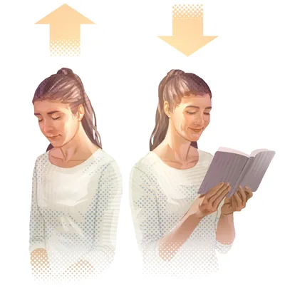 Collage: 1. A woman prays. An arrow over her head points up. 2. A woman reads the Bible. An arrow over her head points down.