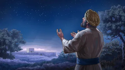 A psalmist gazing at the starry sky and praising Jehovah. Jerusalem’s temple is nearby.