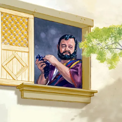 A rich man dressed in purple looks out his window