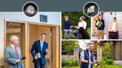 Below an inset of a rough uncut diamond, a younger brother arrives late for a meeting at the Kingdom Hall while an older brother looks critically at him. Collage: Below an inset of a polished cut diamond, three scenes of the younger brother. 1. He gives a contact card to a man on a park bench. 2. He carries groceries for an elderly woman. 3. He helps with landscaping work at the Kingdom Hall.