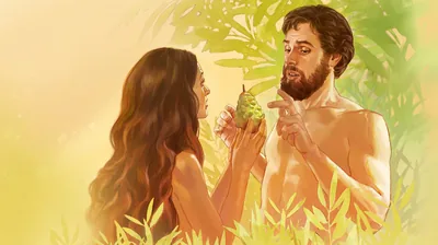 Eve giving Adam the forbidden fruit.