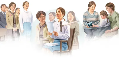 Collage: A female Bible student learning to worship God acceptably. 1. She sings praises to God at a congregation meeting. 2. She comments during a congregation meeting. 3. She shows a Bible-based video to a woman and her daughter.