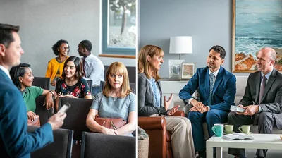 Collage: 1. At a meeting for field service, a sister seems aloof as others are excited about the arrangements being made. 2. Two elders visiting the sister at her home and listening intently to her.