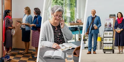 Collage: The family pictured in the article “Set Goals for the New Service Year​—Pioneering” preaching to others. 1. The young woman and her mother discuss the “Enjoy Life Forever!” brochure with a woman at her apartment door. 2. The grandmother uses the “Enjoy Life Forever!” brochure to conduct a Bible study over the phone. 3. The father and mother stand beside a literature cart that displays the “Enjoy Life Forever!” brochure and that advertises our free Bible course.