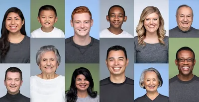 A collage of happy brothers and sisters of various ages and backgrounds.