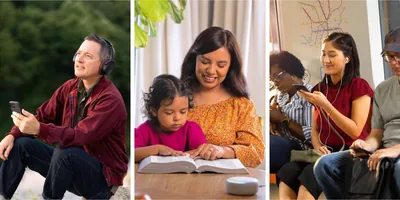 Collage: Listening to the audio Bible. 1. A brother uses headphones to listen to the audio Bible on his phone while outdoors. 2. A mother with her young daughter use a voice command device to listen to the audio Bible while they follow along in a printed Bible. 3. A sister uses earbuds to listen to the audio Bible on her phone while riding public transportation.