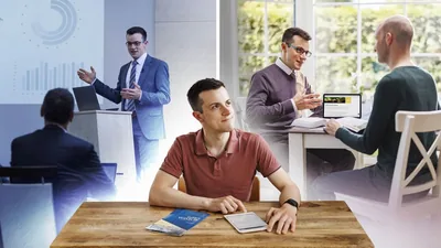 Collage: A young brother deciding between two goals. 1. He imagines himself as a businessman teaching at a seminar. 2. He imagines himself conducting a Bible study with a man.