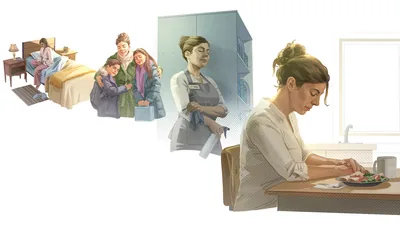 Collage: A woman prays throughout the day. 1. In the morning. 2. With her children. 3. At work. 4. Before a meal.