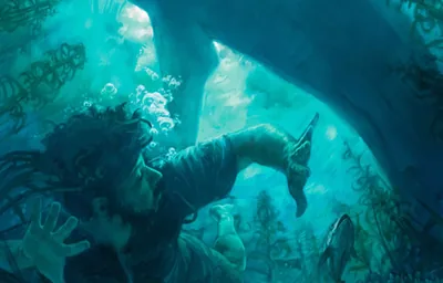 Jonah sinks down into the sea as a great fish swims nearby