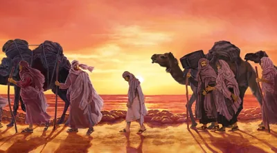 Joseph walking with a Midianite caravan on its way to Egypt.